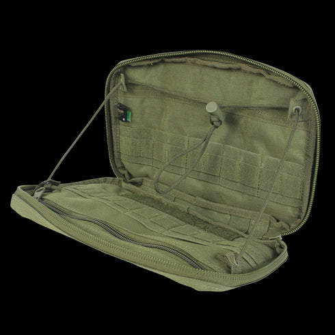 The Condor T & T Pouch - MultiCam is shown empty against a white background, featuring multiple internal pockets, elastic straps, and a zipper closure.